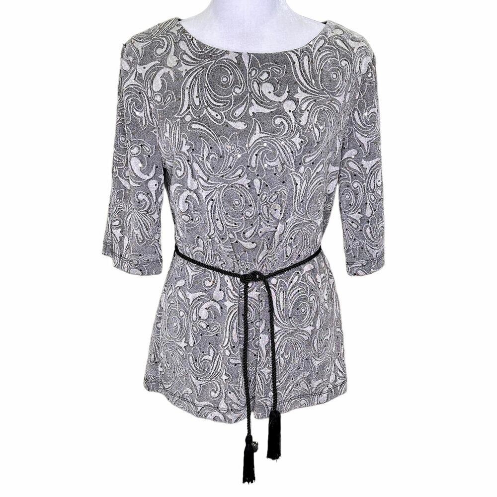Dress Barn Black Gray Paisley Sequin Tunic Blouse with Black Rope Tassel Belt